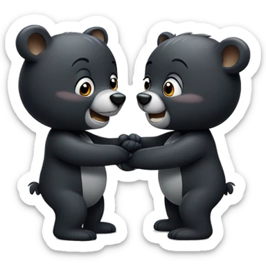 two small cute cartoon black bears hugging and smiling greeting each other sticker
