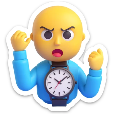 A yellow emoji face with a worried expression, looking at a wristwatch with raised eyebrows, showing urgency and stress sticker