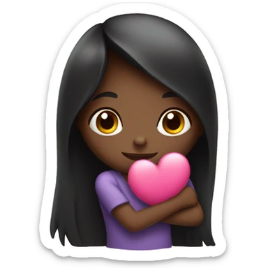 Black long hair girl hugs pink heart sticker