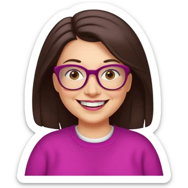 50 yr Caucasian woman, long dark brown hair parted on side, brown eyes, brown glasses, big smile, white teeth, fuscia sweater, chubby,  sticker