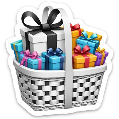 big white gift basket with lots of gifts that are black and white sticker