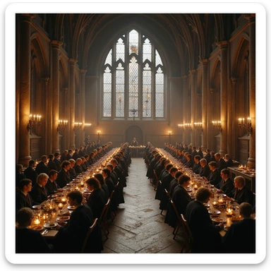 photorealistic depiction of the Great Hall from Harry Potter series, filled with students in Hogwarts robes, floating candles above, long tables with food sticker