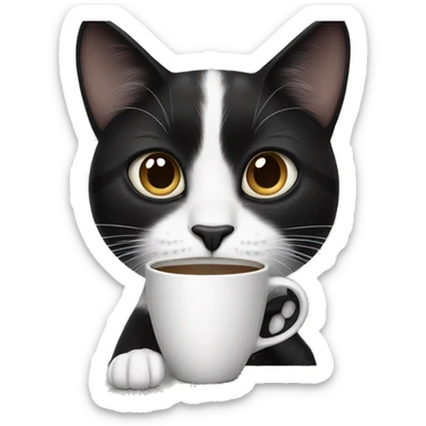 A black and white cat drinking coffee sticker