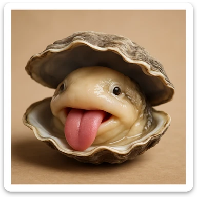 A cute oyster sticking out its tongue, in photorealistic style. sticker