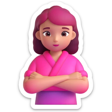 Shy girl character with arms crossed, transparent glass style, bright pink gradient, soft shadows and highlights, minimalist cute design sticker