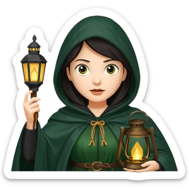 traitor tv show, dark haired woman wearing dark green cloak with hood up who looks evil and is holding up a lantern sticker