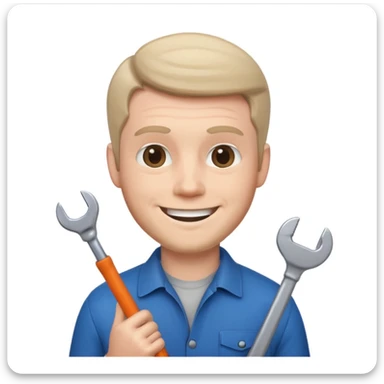 memoji style white man with a wrench, smiling, neutral background sticker