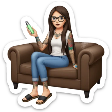 Brunette with long hair, slippers, glasses, tattooed arm, vaping sticker