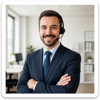 a professional service agent wearing business attire, friendly and approachable expression, modern office background, suitable for branding sticker