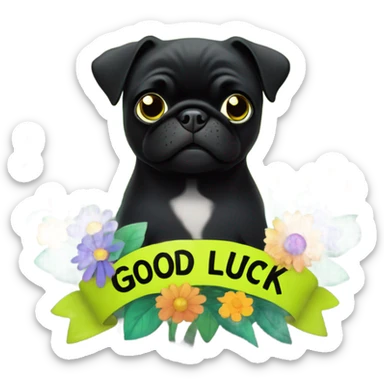 Black pug , surrounded by flowers, holding a green sign that says “good luck”  sticker