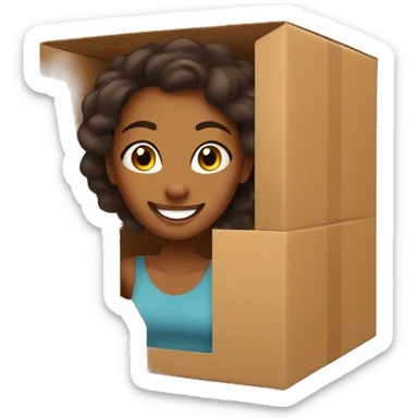 A beautiful brown skin woman with peeks cheerfully from an opening in a large cardboard box, her expression playful and inviting. sticker