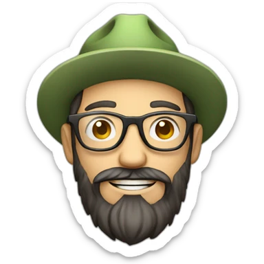 full body of an happy gardener face long dark beard and short dark hair with little transparent glasses and a hat sticker