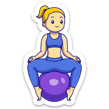 Yellow-skinned girl with high ponytail wearing blue sports bra and navy yoga pants doing yoga with a large exercise ball sticker