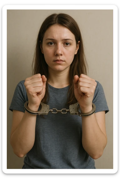 realistic illustration of a girl who is handcuffed, neutral background sticker