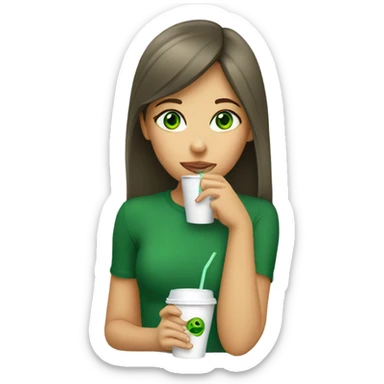 girl drinking from disposable cup with green eyes sticker