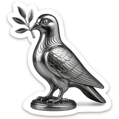 chrome style pigeon holding a branch in its beak, highly reflective and metallic sticker