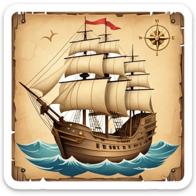 Icon for Historical Movies: Age of Great Geographical Discoveries. A vintage movie poster-style design with a sailing ship, a compass, and a globe. Include explorers with maps, sea waves, and distant lands in the background. Retro cinematic style. Transparent background. sticker