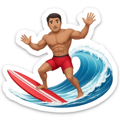 50 year old, muscular, dark haired, tan, red shorts man riding a big wave sticker