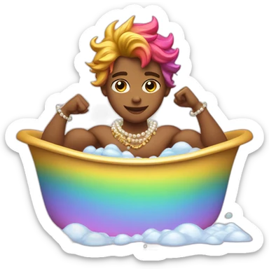 posh-muscle-boy-with-pearl-necklace-and-rainbow-unicorn-hair-in-golden-bathtub sticker