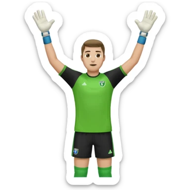 goalkeeper, standing, wearing a green shirt, shorts, socks and football boots, with arms raised sticker