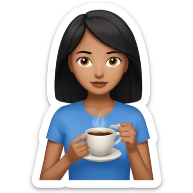 Cabelo preto para frente mais ou menos batendo no peito quero uma xícara de café bem bonita na mão aquelas xícaras bonitas quero ela com uma camiseta azul quero ela morena olhos pretos sticker