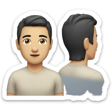 A head and shoulders shot of a 33 year old Asian man, with short black hair, with none facial hair,   with brown eyes wearing a t-shirt. sticker