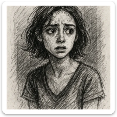a stylish girl with anxious expressions, hand-drawn sketch style, visible pencil lines, emotional face sticker