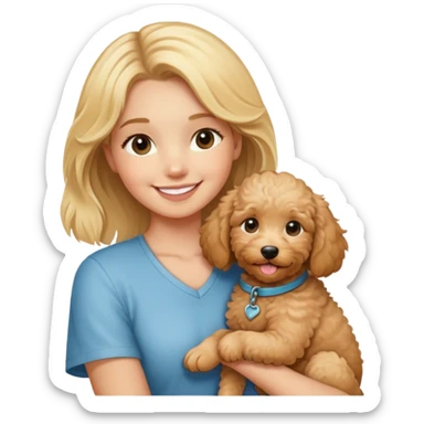 blonde girl smiling and  holding tan goldendoodle puppy  sticker