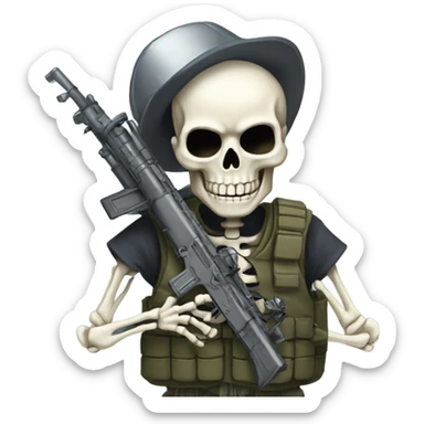 Skeleton with military vest pretending to hold fake rpg sticker