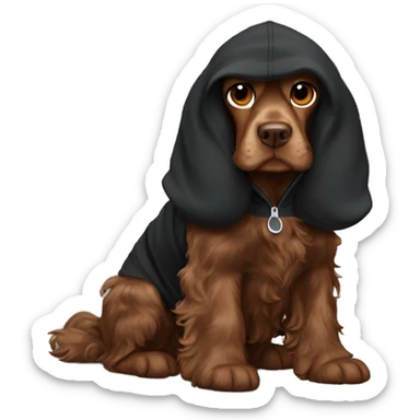 brown cocker spaniel wearing a black hoodie. The dog is viewing a laptop sticker