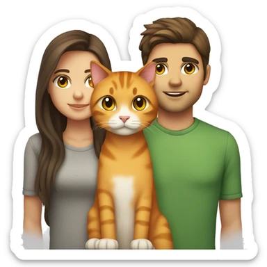 a brunette with long hair and brown eyes and her boyfriend with fluffy brown hair and brown eyes holding an orange cat with yellow eyes and a grey tabby cat with green eyes sticker