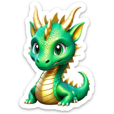 Cinematic Cute Dragon Portrait Emoji, Head tilted playfully and inquisitively, featuring a sleek, serpentine form adorned with iridescent scales that shift between emerald and gold, a delicate set of subtle horns, and round, sparkling eyes full of curious magic; rendered with realistic detail and warm natural light, high shine, affectionate and enchanting, styled with a touch of whimsical fantasy, soft glowing outline, capturing the essence of a mischievous yet lovable dragon that seems poised to slither playfully into your arms! sticker