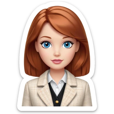 A Barbie girl with blue eyes, shoulder-length reddish-brown hair with makeup, wearing a white tweed jacket and a black skirt stands with cream sticker