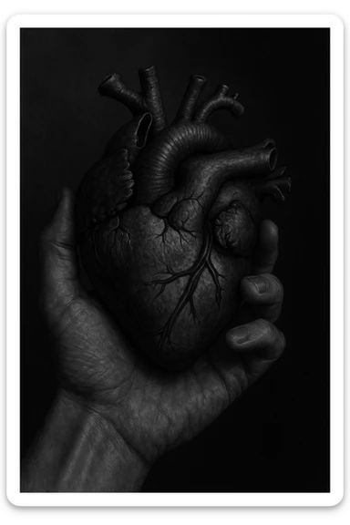 A hand holding a dark monochrome heart, aspect ratio 3x4 sticker