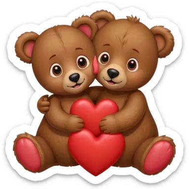 girl bear with bow and boy bear hugging, surrounded by hearts, playful and loving, cute sticker