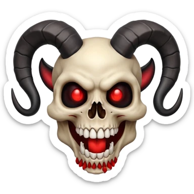 grinning skull with large black ram horns, glowing red eyes, wide toothy smile, bold, iconic, expressive sticker