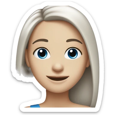 pale woman with dark brown straight hair and blue eyes smiling sticker