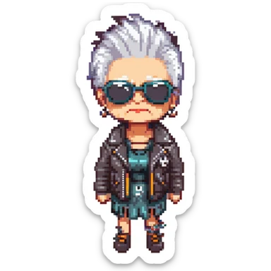 A punk grandma with a leather jacket, spiked hair, and sunglasses sticker