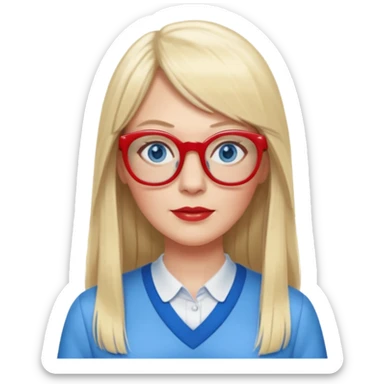 45 yr old white woman, pale skin, long straight blond hair parted in center, blue eyes, bangs, clothes for school, big red glasses sticker