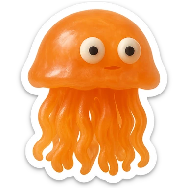 hyper-detailed retro 90's toy style bright orange semi-transparent soft plastic jellyfish with derpy eyes soft reflections soft and squishy some cloudiness not shiny highly detailed appealing no tag no background sticker