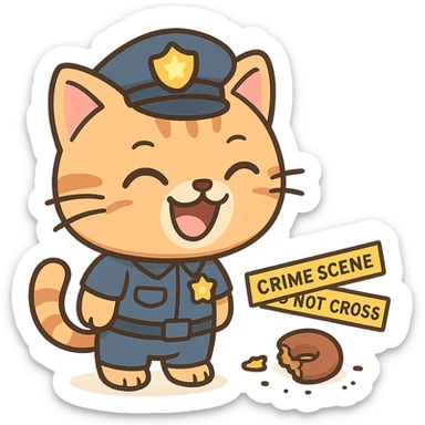 cartoon cat dressed as a police officer, laughing while observing a small harmless crime scene, blue police hat and badge, playful expression sticker