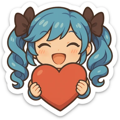Make the heart much bigger and have Gwen's chibi hands holding the heart, keep happy expression, only head and hands visible. Variation 5. The style should be consistent with the original image. sticker