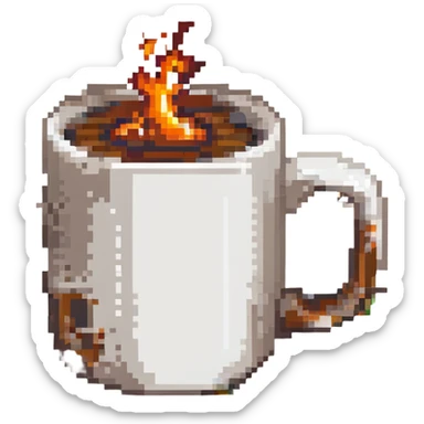 A white mug with burning coffee sticker