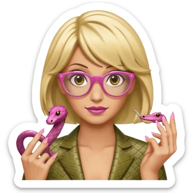 a snake with a bitchy face, a dirty blonde wig, pink pointy nails and square frame golden glasses sticker