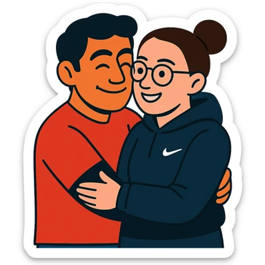 hispanic man with black hair hugging a light-skinned woman in a black Nike hoodie, woman has one bun in the back and thin black glasses sticker