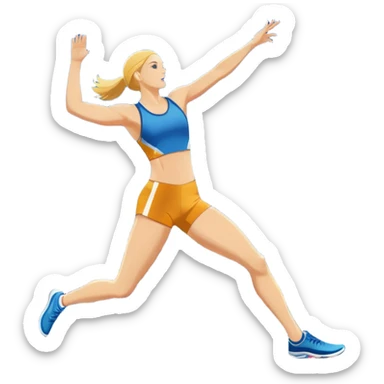 An icon featuring a collage of track and field equipment: a javelin, shot put, discus, high jump bar, and running shoes. The background shows a lively stadium with cheering fans, bright lights, and a clear sky, symbolizing the diversity of athletics. Transparent background emphasizes the sport. sticker