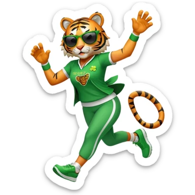 female energetic anthropomorphised tiger in full body, wearing St. Patrick's Day themed sportswear and dark sunglasses, dynamic pose sticker