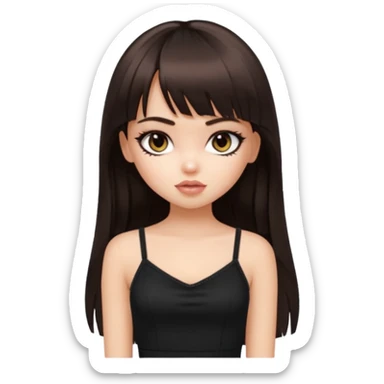 generate a pretty bratz girl in black cami top, dark brown straight long hair with bangs, eyeliner on, sticker