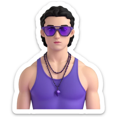shirtless male athlete with white skin and moderately curly black hair on top with shaved sides, wearing sharp angular geometric purple sunglasses with very dark heavily tinted black lenses, and a simple plain black chain necklace, no earrings sticker