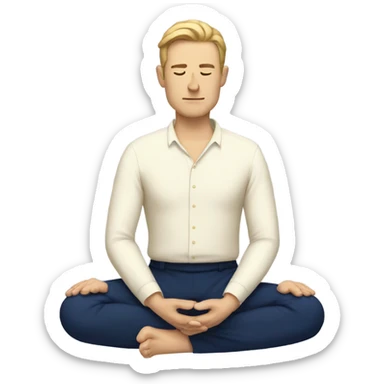 european man meditating sitting down with cream shirt and navy blue pants.  sticker
